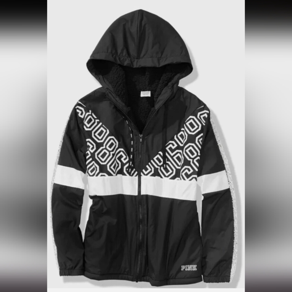 M/L Pink Victoria's Secret Windbreaker Black & White Anorak Jacket Coat - Picture 1 of 12